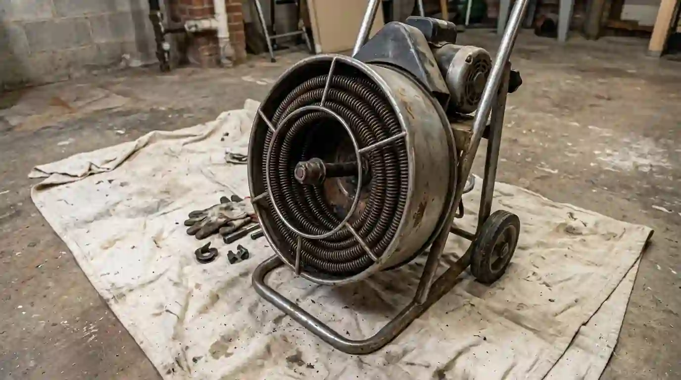 Drain cleaning machine with cable coiled in its drum on a drop cloth