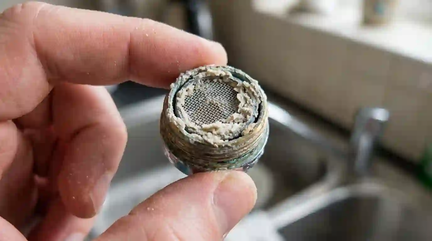 Faucet aerator crusted with white mineral scale held between fingers