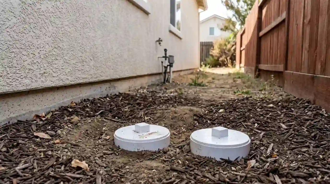 New white two way sewer cleanout cap set at grade in a Sacramento side yard