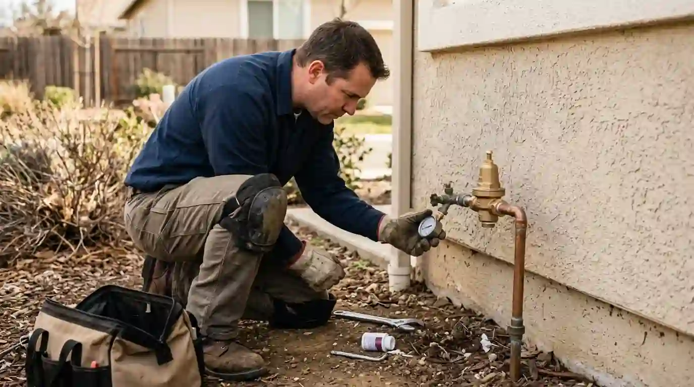 Plumber reading a pressure gauge on a hose bib next to a new pressure reducing valve outside a Sacramento home