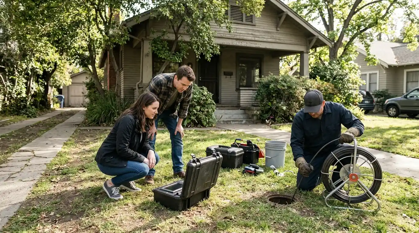 Home buyers watching a sewer camera monitor with a plumber in the front yard of an older Sacramento home
