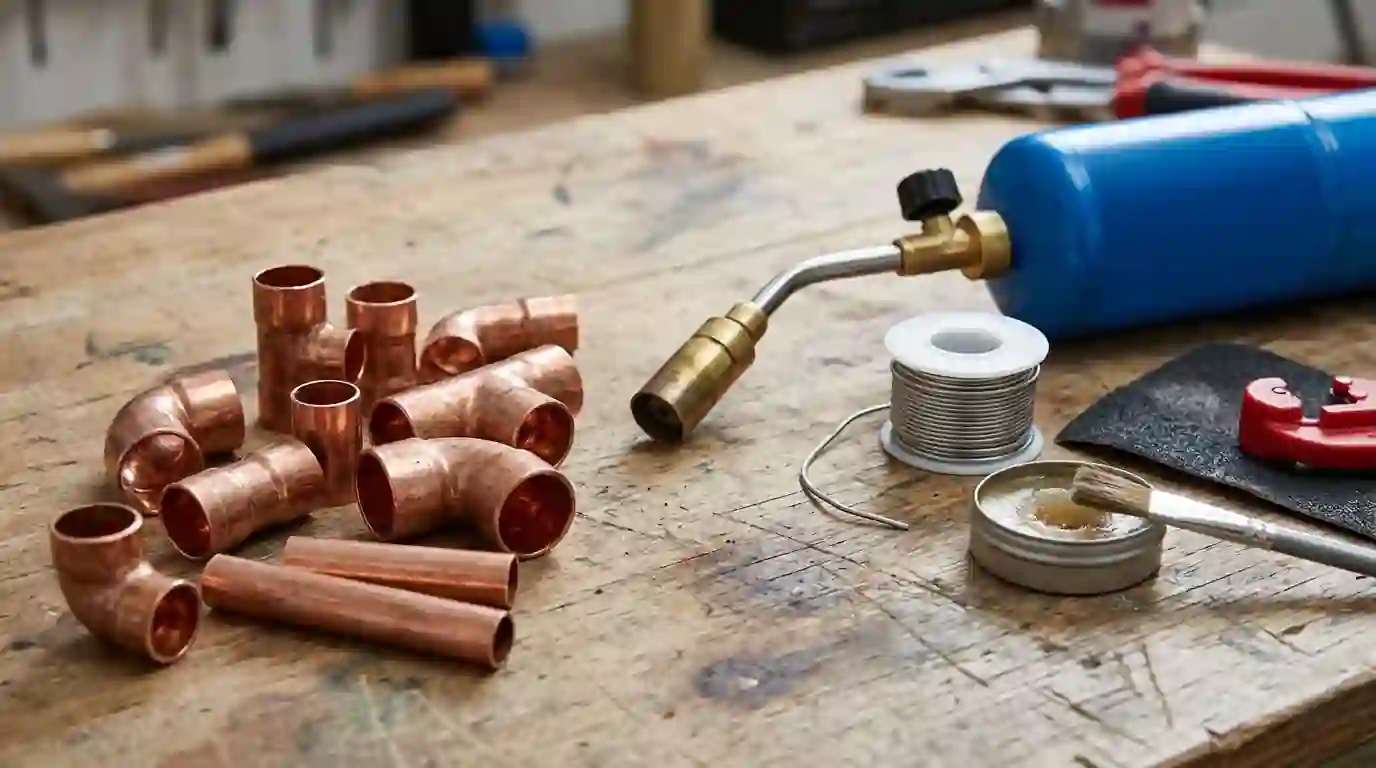 Close up of copper pipe fittings and a soldering torch on a workbench