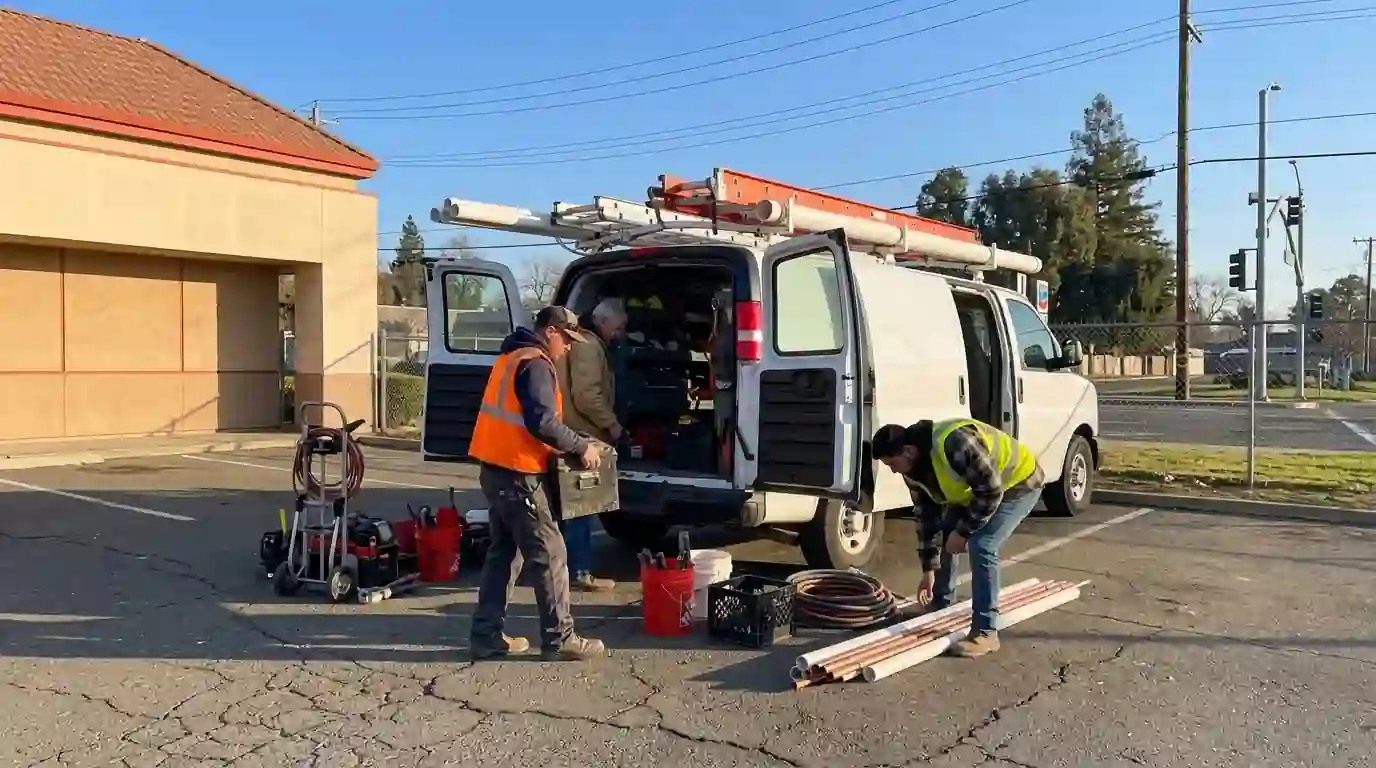 Plumbing crew loading a work van at a small office yard in North Sacramento in the morning