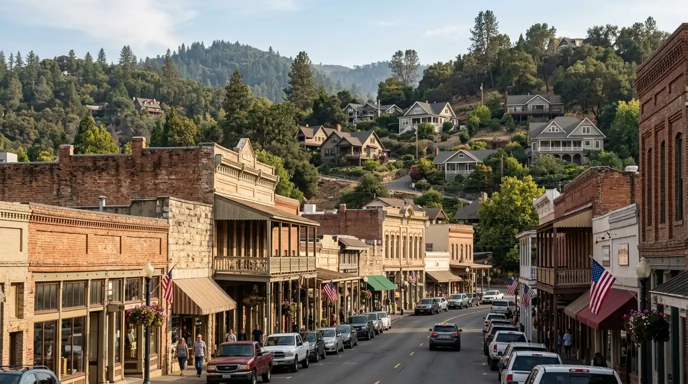 Historic Main Street buildings and foothill homes in Placerville California