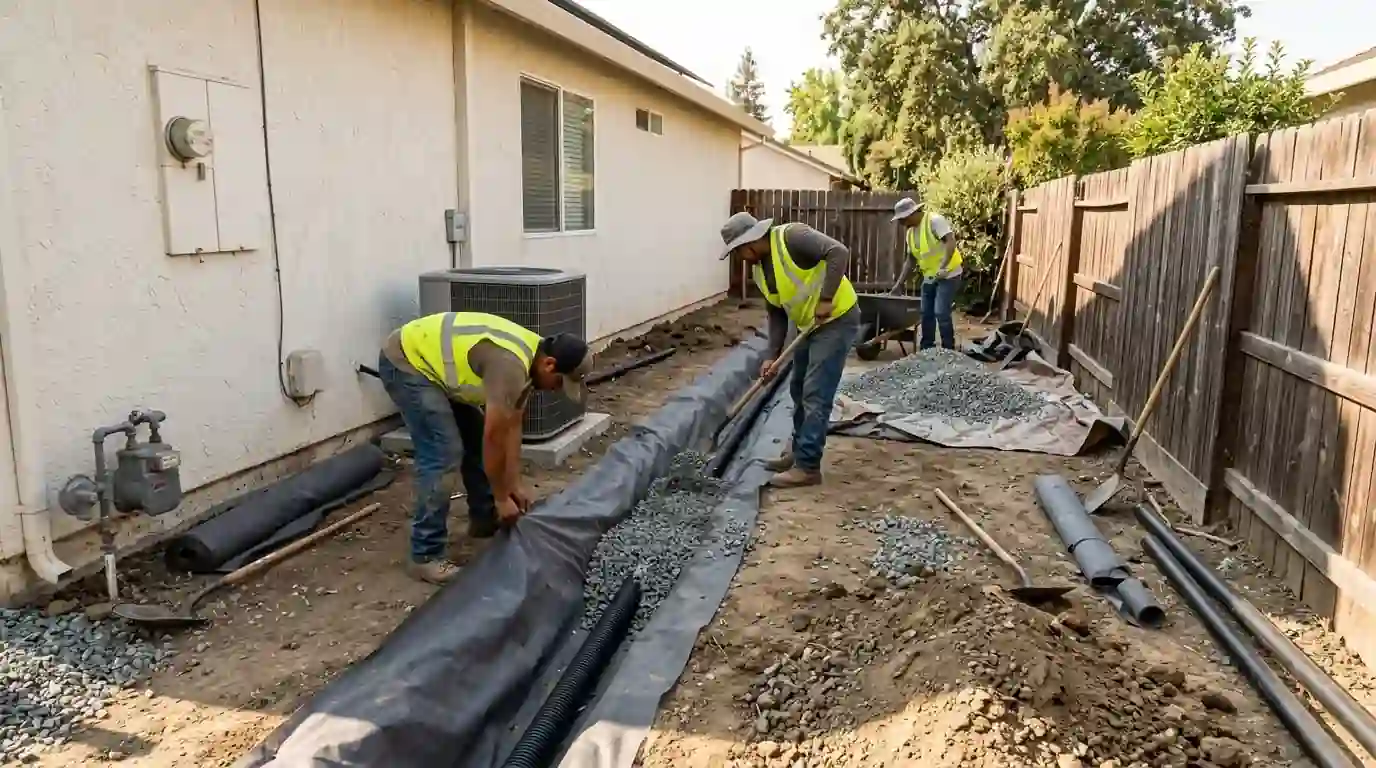 Crew installing a perforated French drain with gravel along the side yard of a Sacramento home