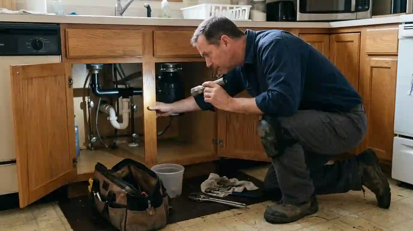 Plumber in navy work shirt kneeling beside an open sink cabinet with a flashlight