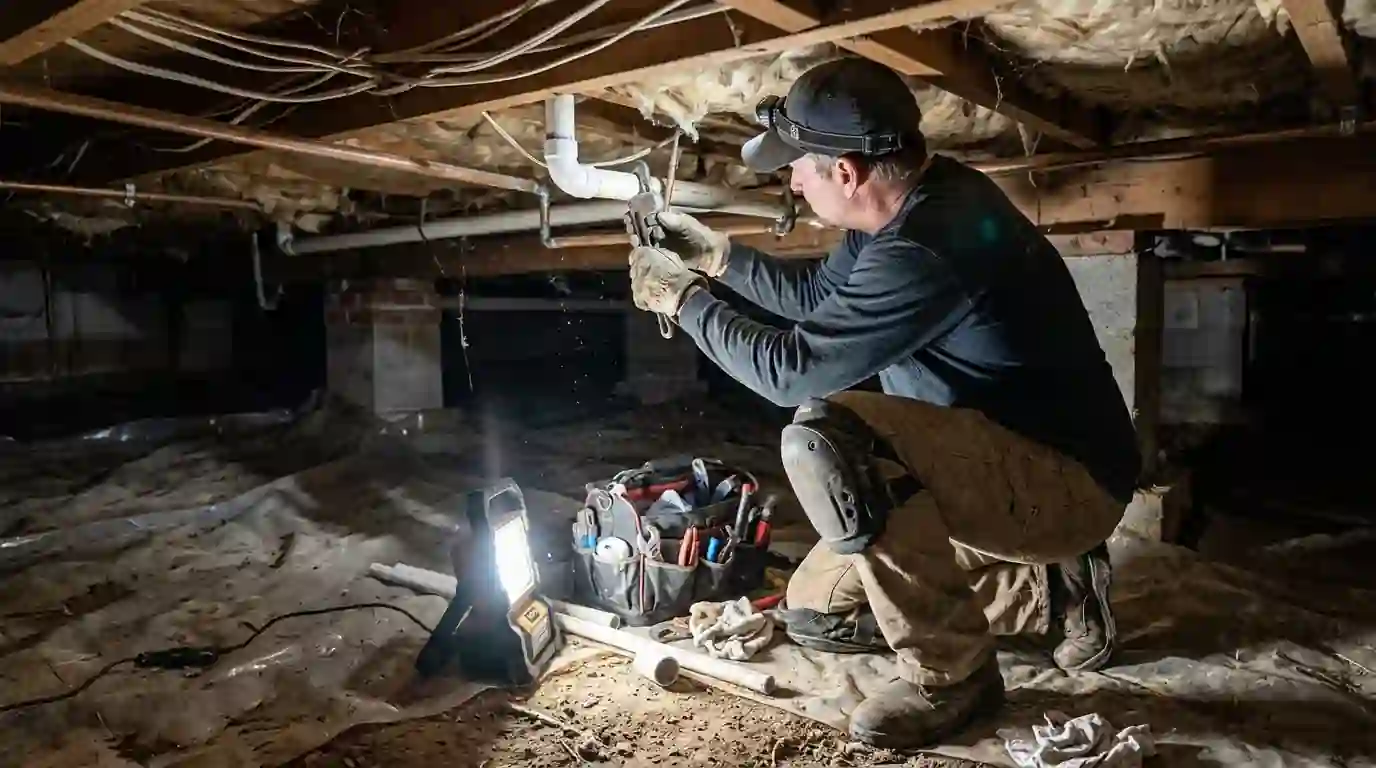 Plumber wearing gloves and knee pads working in a residential crawlspace