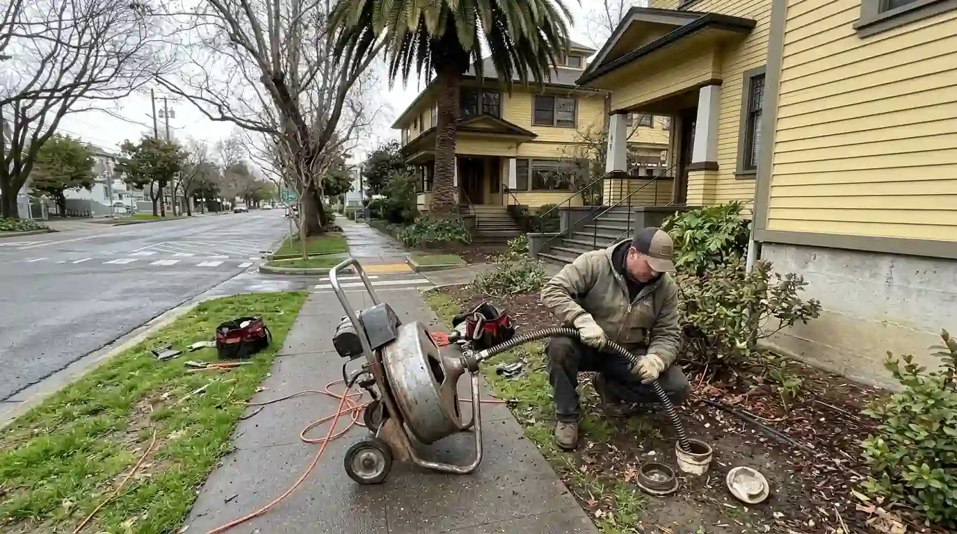 Plumber feeding a drain cable machine into an outdoor sewer cleanout beside a Sacramento home
