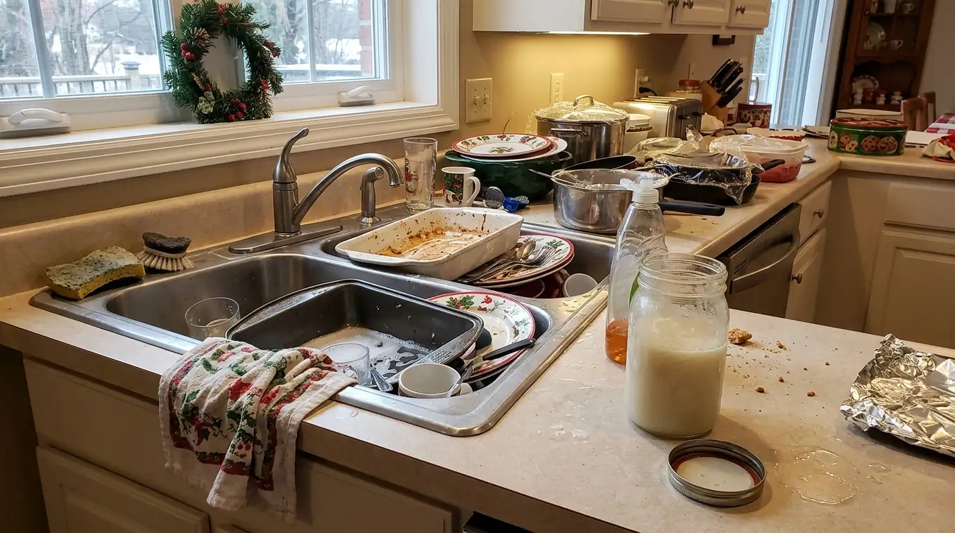 Holiday kitchen sink with dishes and a jar for cooled cooking grease on the counter