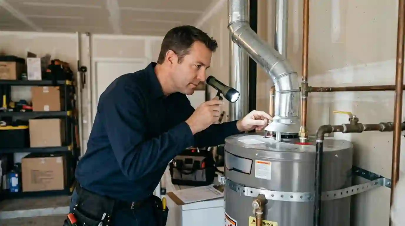 Plumber inspecting water heater venting and connections with a flashlight during a Sacramento home inspection