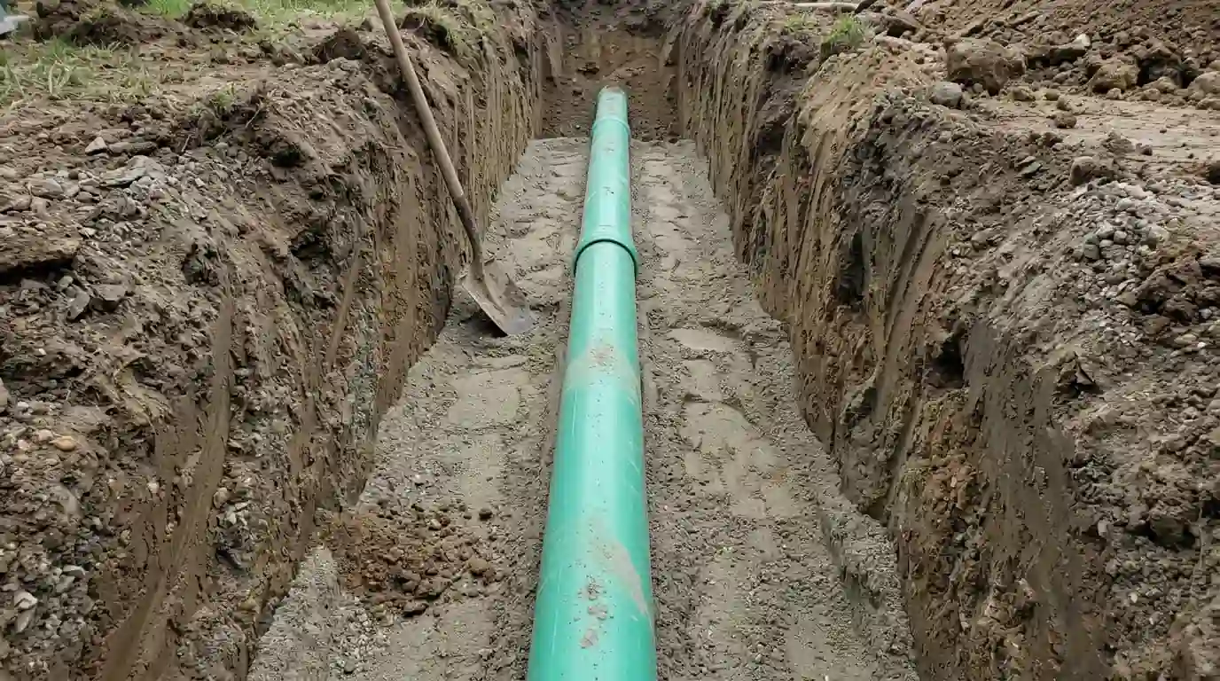 New PVC sewer pipe bedded in sand at the bottom of a trench