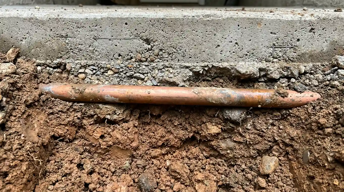 Cutaway view of copper water line beneath a concrete slab foundation with clay soil underneath