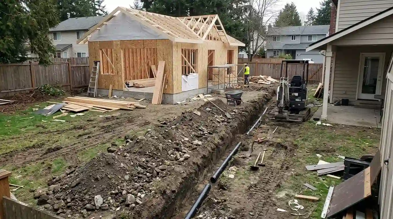 Backyard ADU under construction with a trench for the sewer line leading to the main house