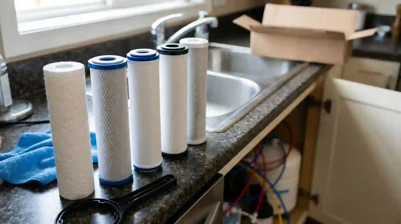 Reverse osmosis filter cartridges lined up for replacement