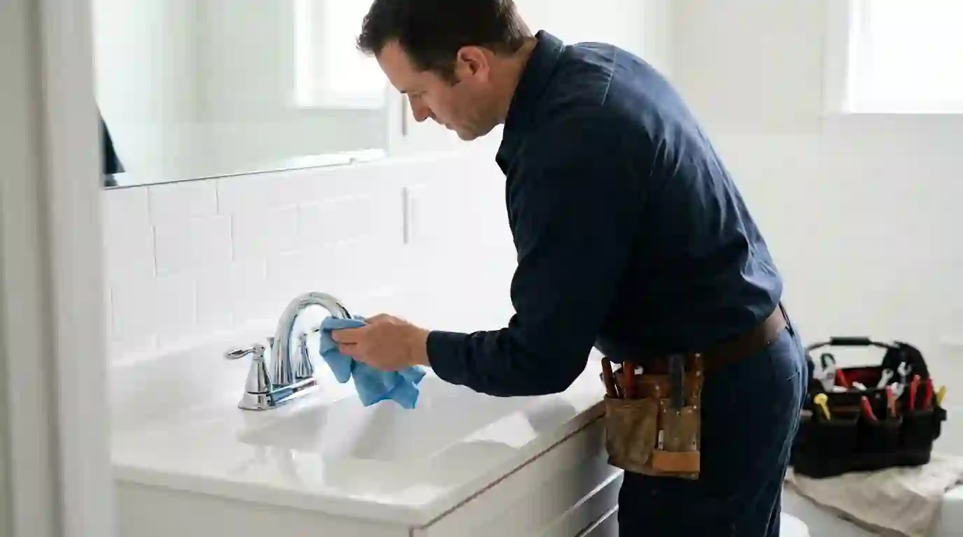 Plumber wiping down a freshly installed chrome faucet in a white bathroom