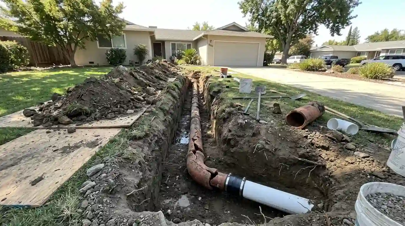 Excavated trench exposing a broken clay sewer pipe being replaced with new PVC in a Sacramento front yard