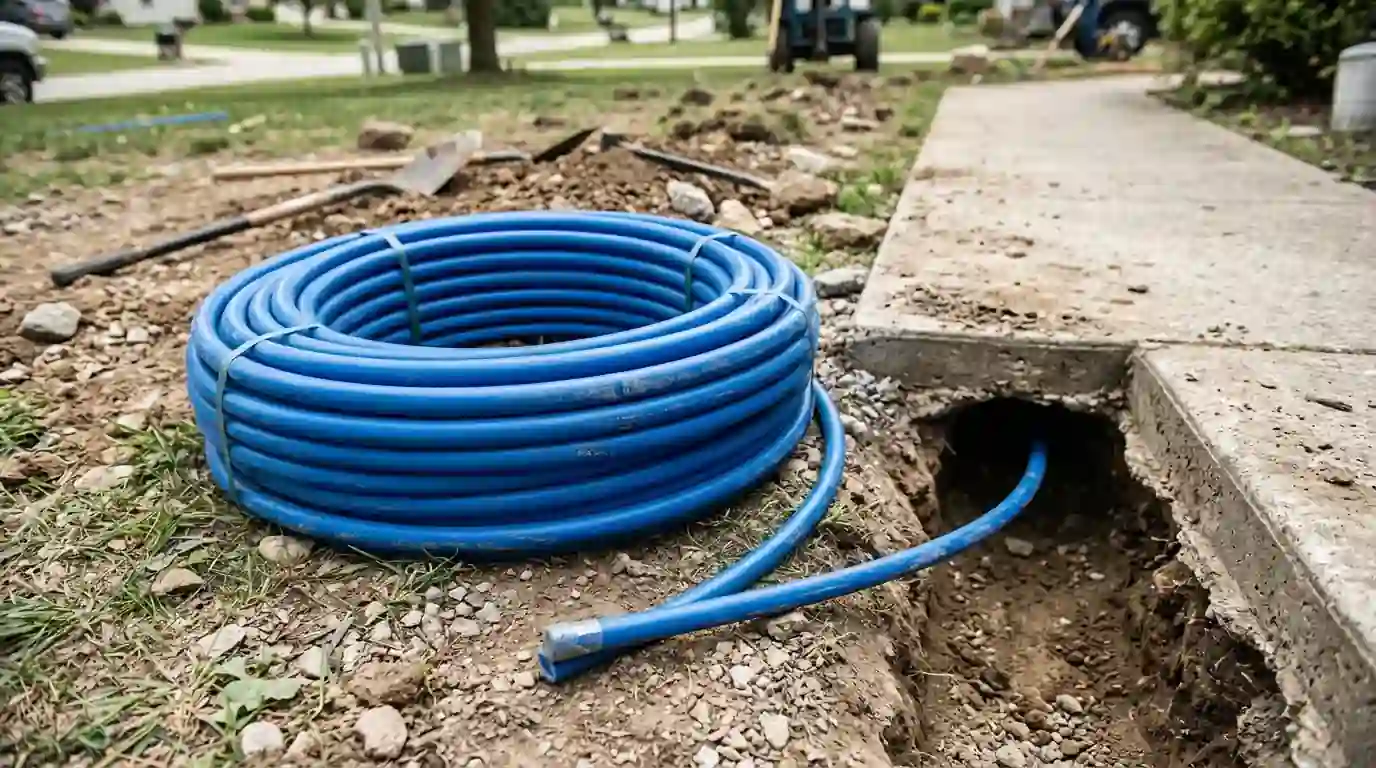 Coiled blue polyethylene water line ready to be pulled under a walkway
