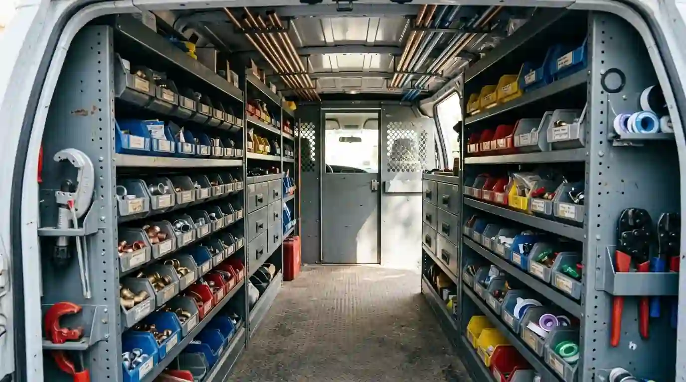 Stocked plumbing service van shelves with labeled bins of fittings and valves