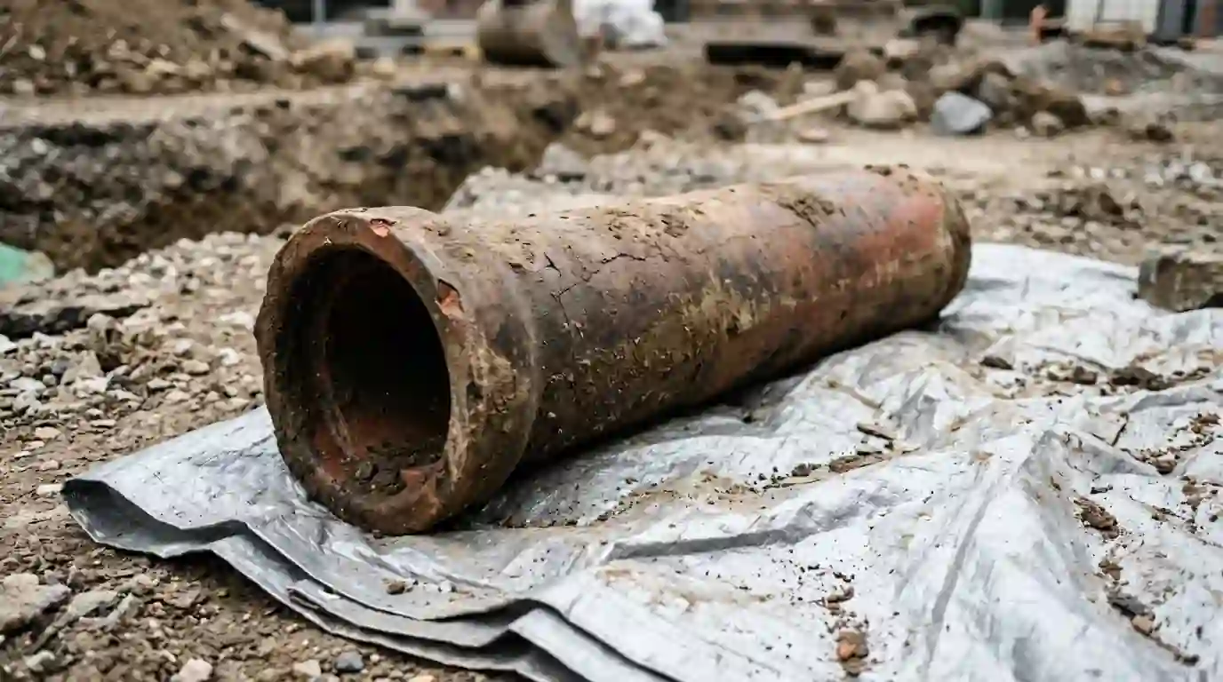 Section of clay sewer pipe with a cracked joint on a tarp