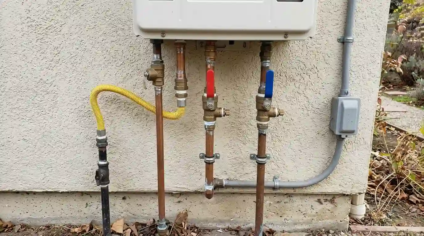 Wall mounted gas tankless water heater with isolation valves on the exterior wall of a Sacramento home