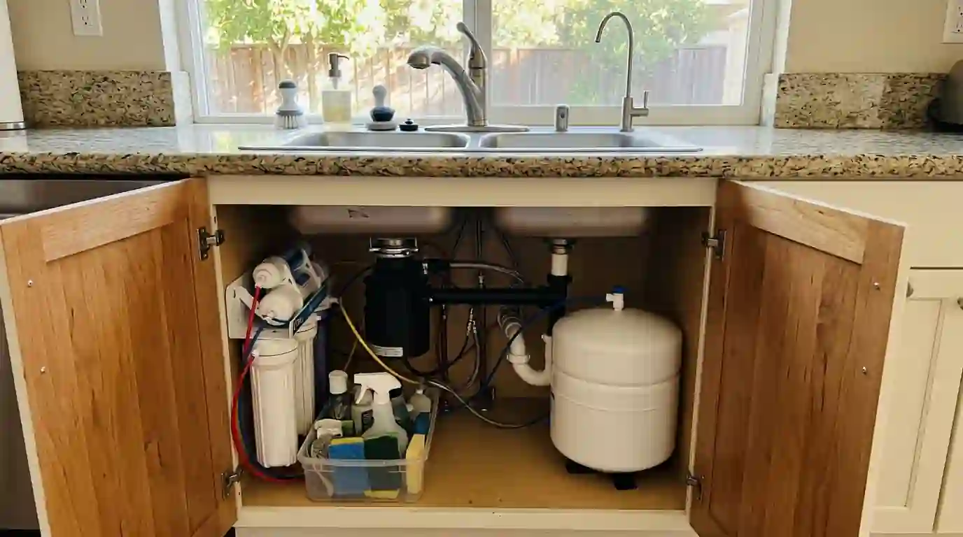 Under sink reverse osmosis filtration system with storage tank and dedicated faucet in a Sacramento kitchen