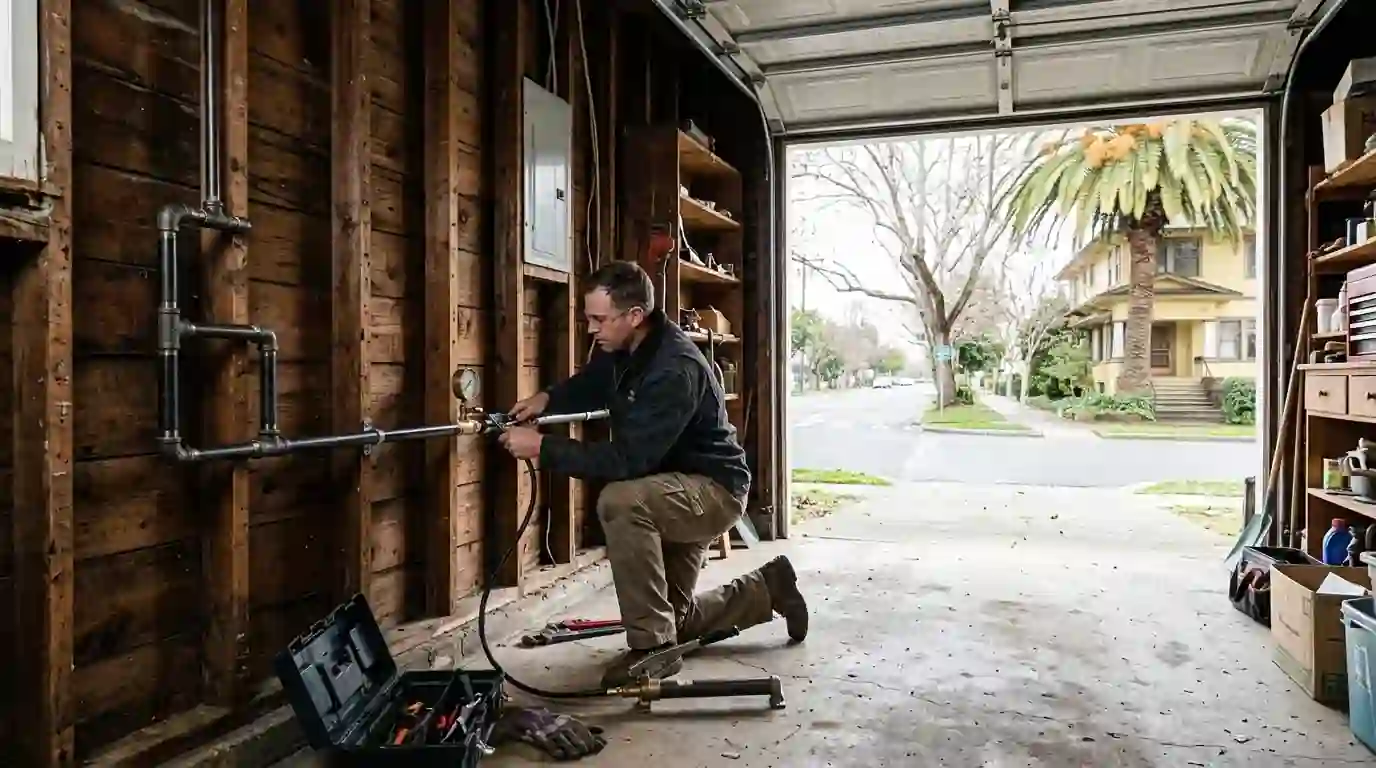 Plumber organizing fittings and valves in the side compartments of a work truck in Sacramento