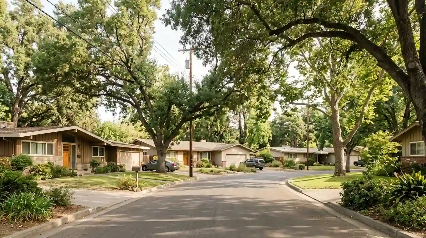 Mid century ranch homes with mature trees in the College Glen area of Sacramento