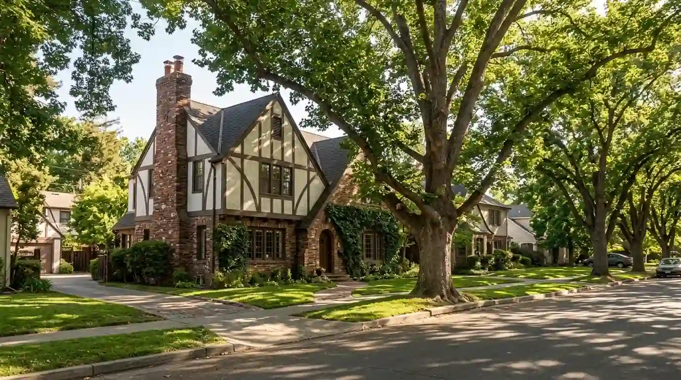 Tudor style house with a tall shade tree on a quiet Land Park street in Sacramento