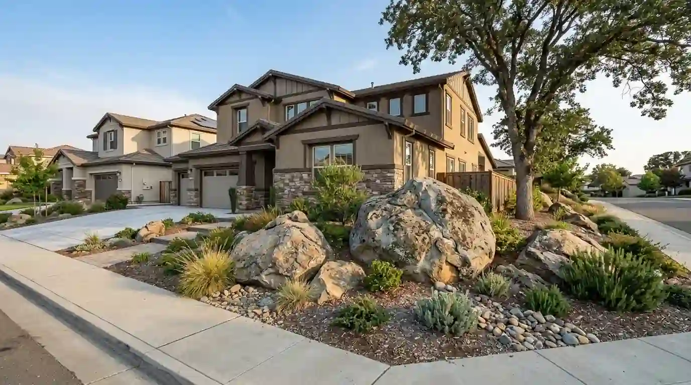 Newer homes with granite boulders in the landscaping in Rocklin California