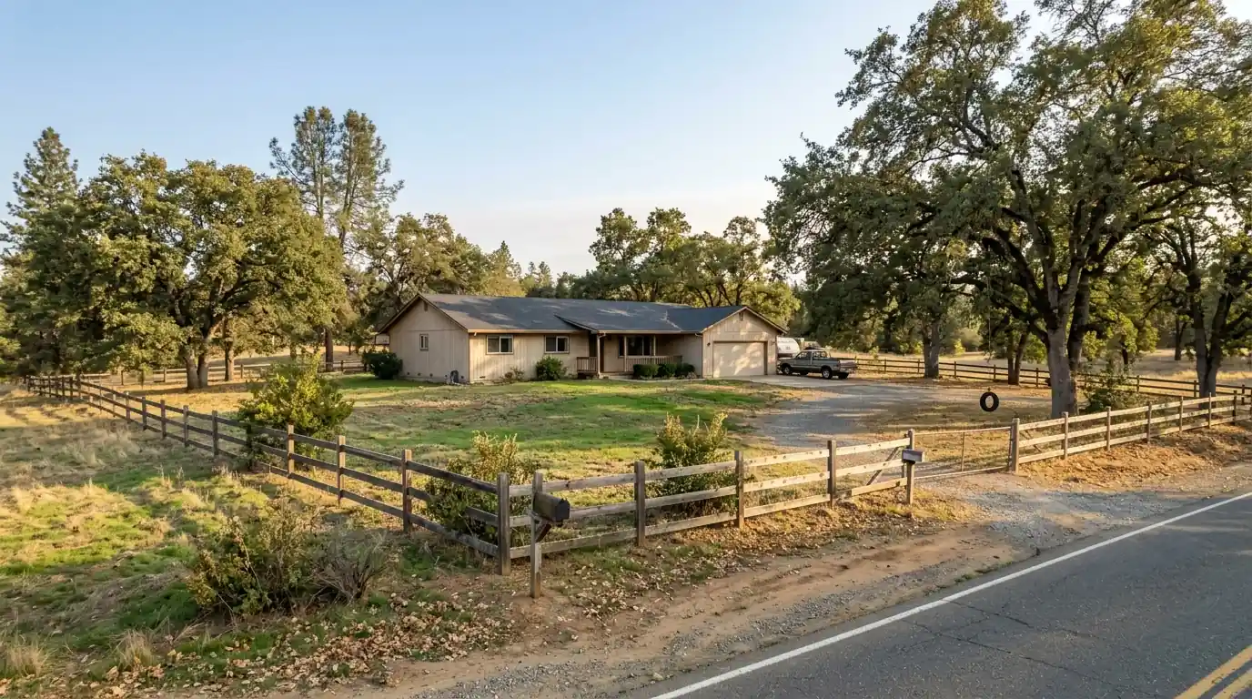 Single story home on a large rural lot with a fence and trees in Orangevale California