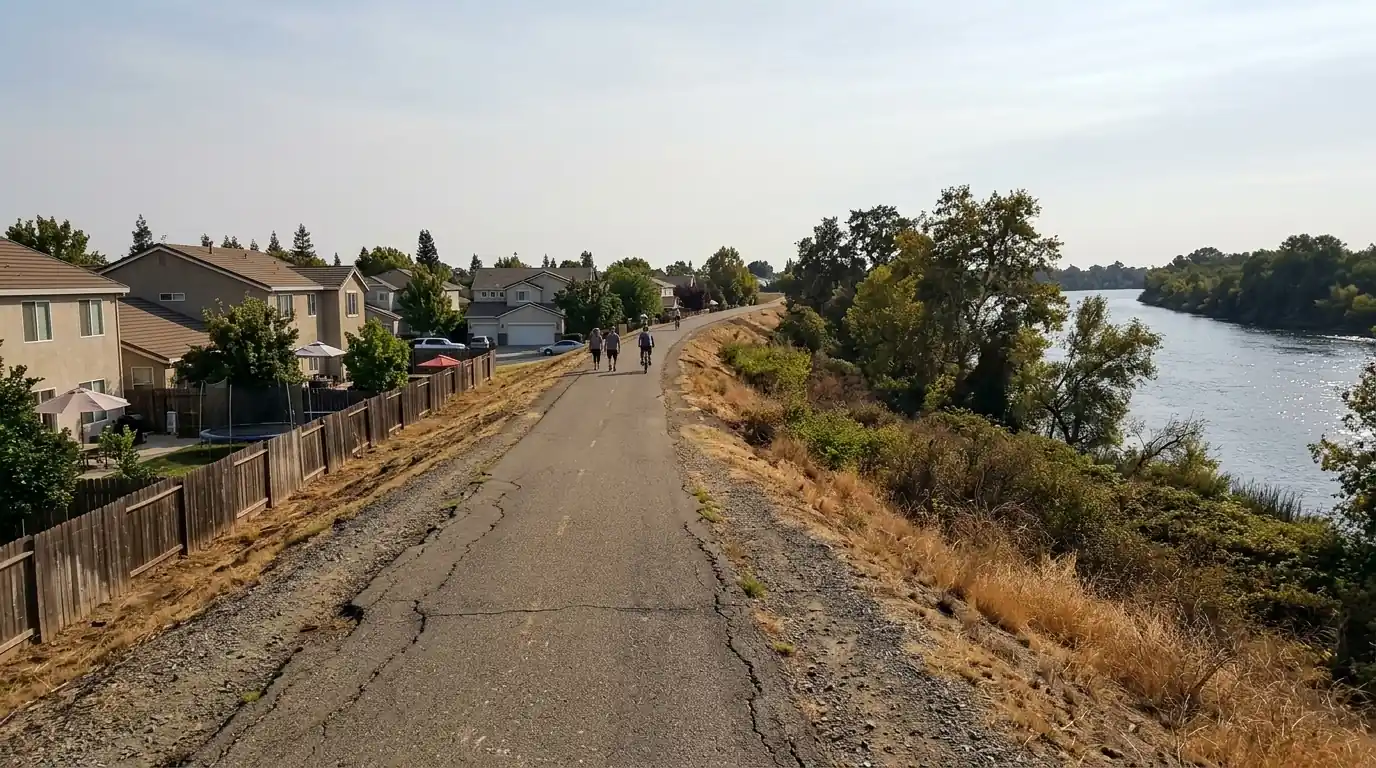 Homes and levee path along the river in West Sacramento California