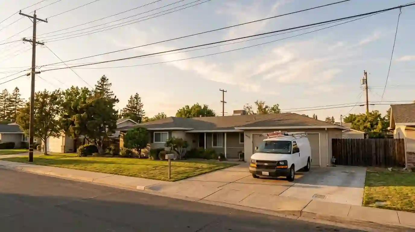 John Plumbing service van parked outside a Sacramento ranch home at golden hour