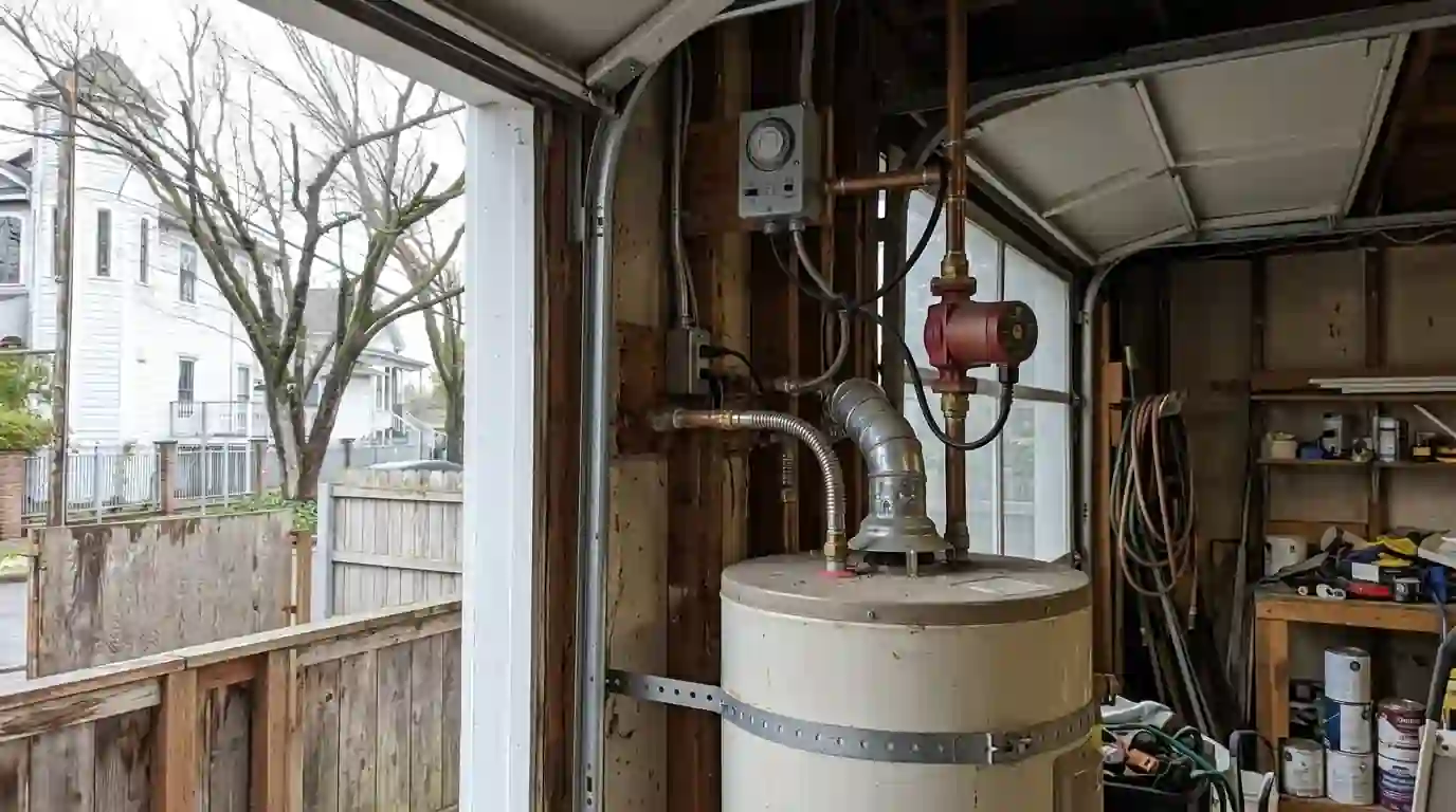 Small hot water recirculation pump with timer mounted above a water heater in a Sacramento garage
