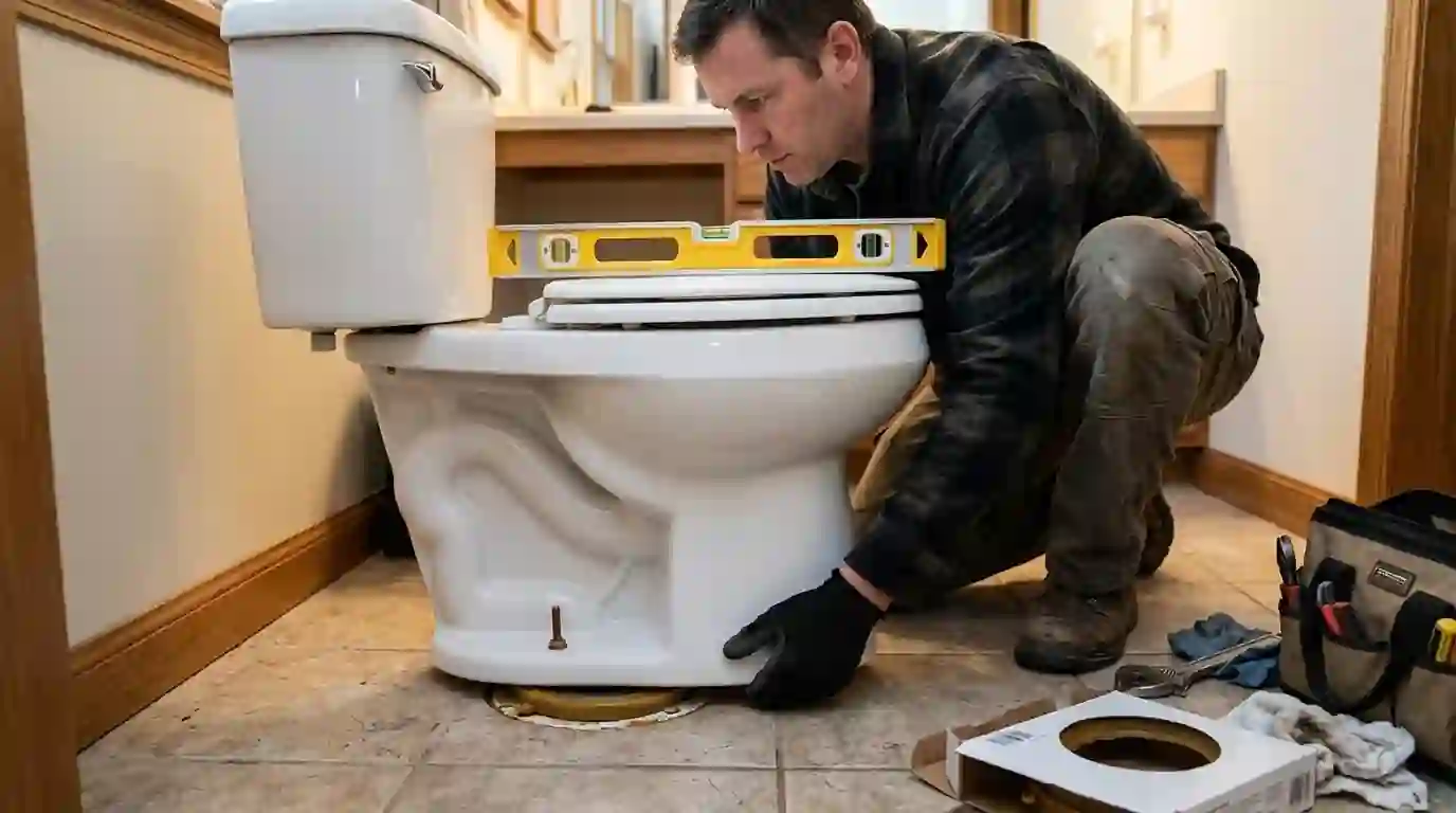 Plumber setting a toilet onto a wax ring with a level on the tank