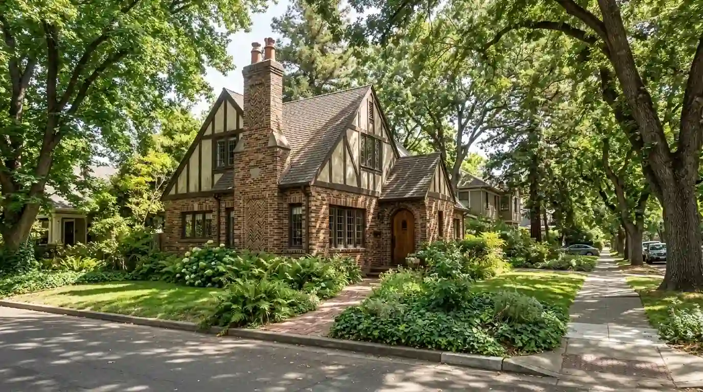 Tudor style cottage with brick details on a shaded street in the Elmhurst neighborhood of Sacramento