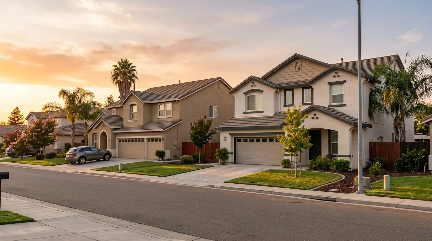 Two story stucco homes on a quiet North Natomas street in Sacramento at sunset