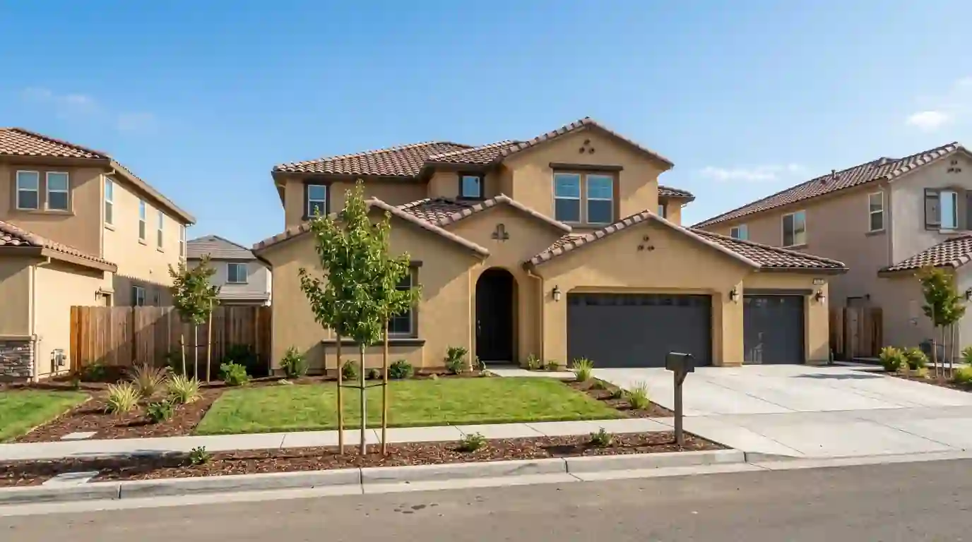 Two story stucco home with tile roof in a newer Sacramento subdivision