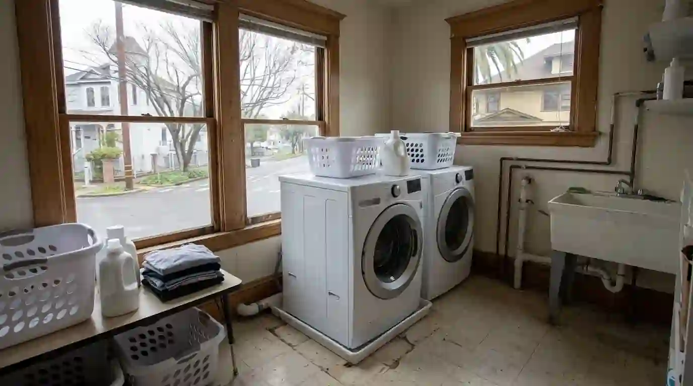 Clean laundry room with front load washer and drain pan