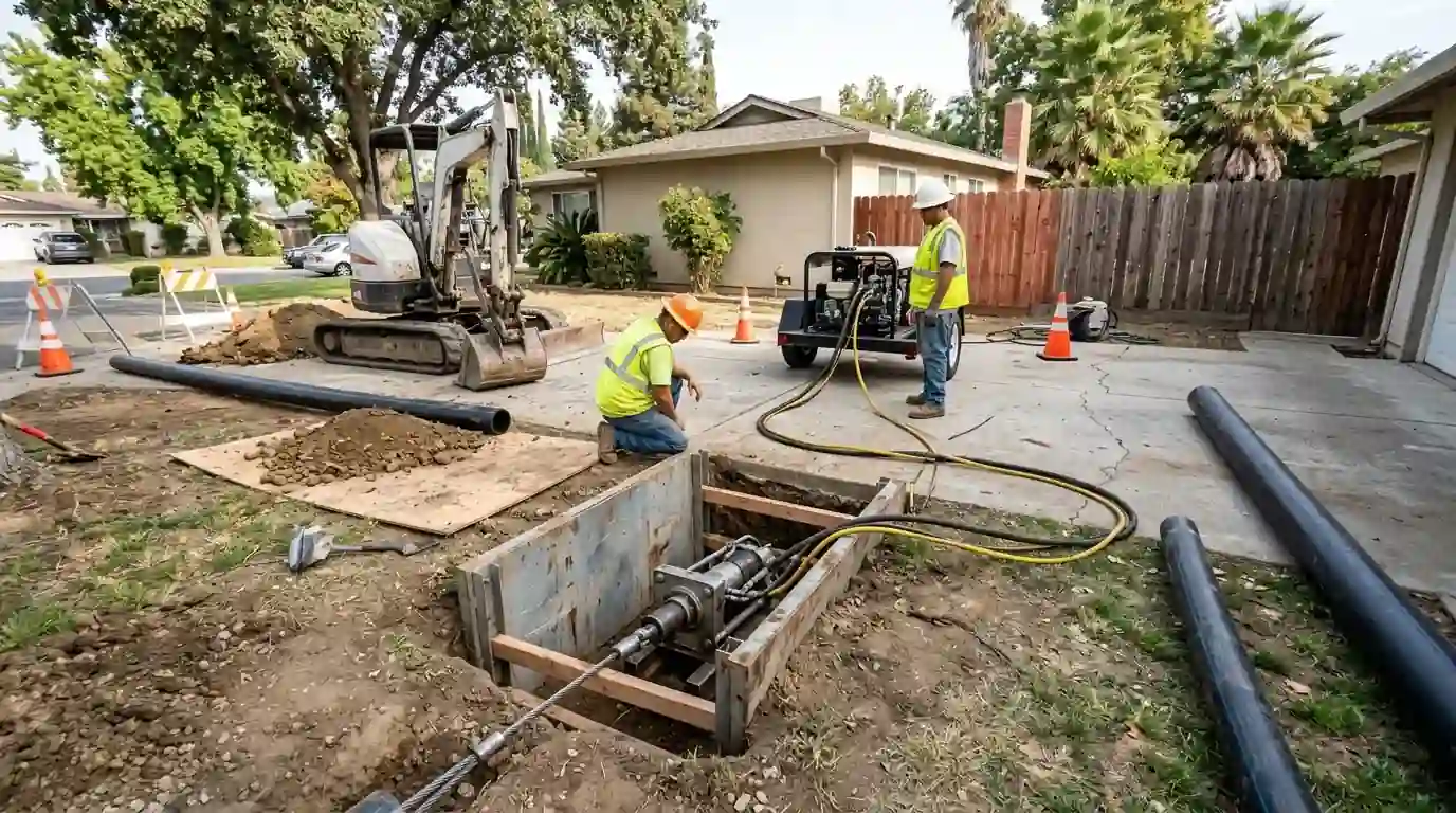 Trenchless pipe bursting equipment set in a small access pit beside a Sacramento driveway