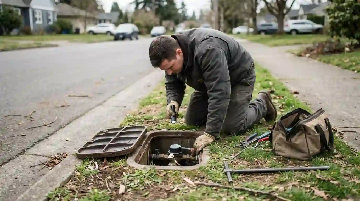 Plumber checking a water meter with the lid open at the curb