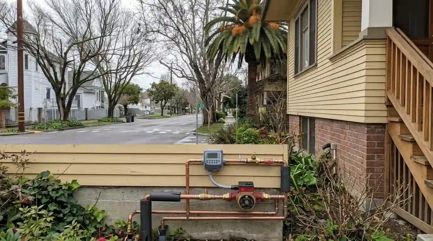 Recirculation pump with a digital timer on a copper hot water line