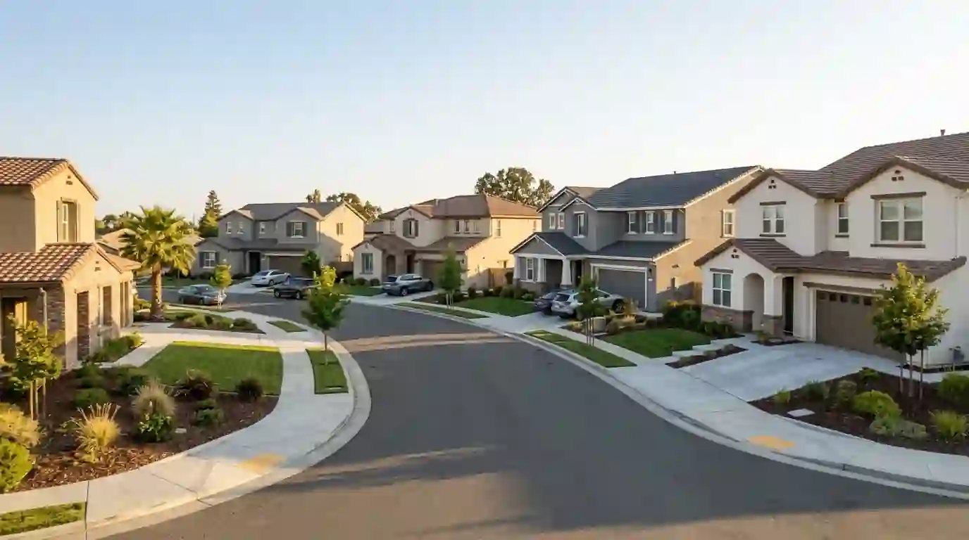 Newer two story homes along a curved street in west Roseville California