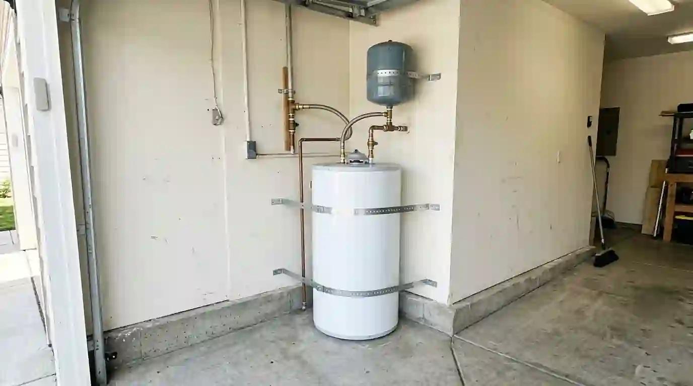 Clean garage corner with a strapped water heater and expansion tank